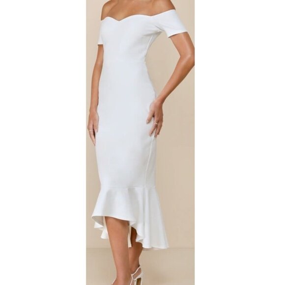 How Much I Care Ivory Off White Off-the-Shoulder Midi Dress Size Small NWOT - Picture 4 of 7